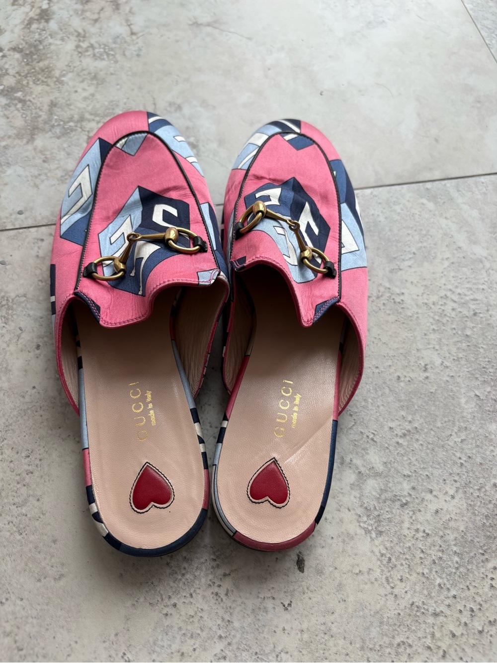 Gucci Pink & Navy Patterned Horsebit Backless Mules